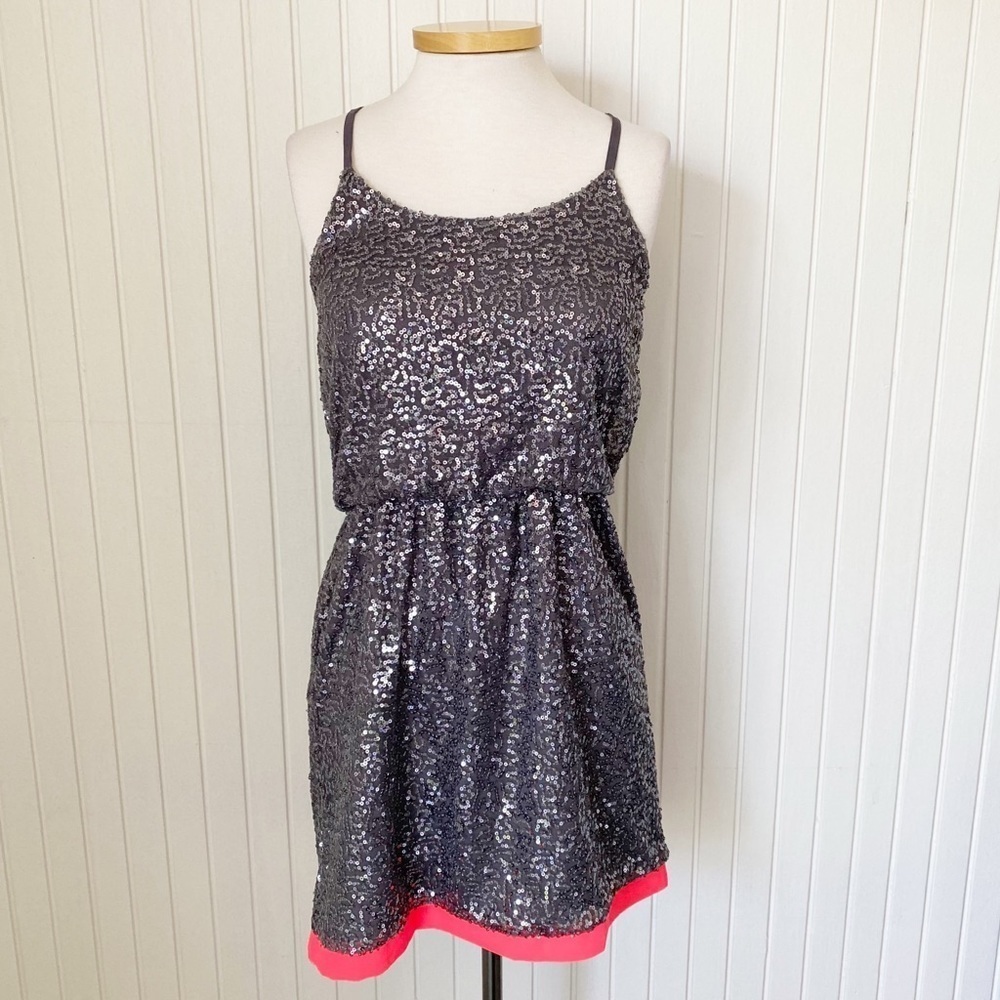 C. Luce Gray (Grey) Sequin Dress Bright Orange/Pink Trim Size Small